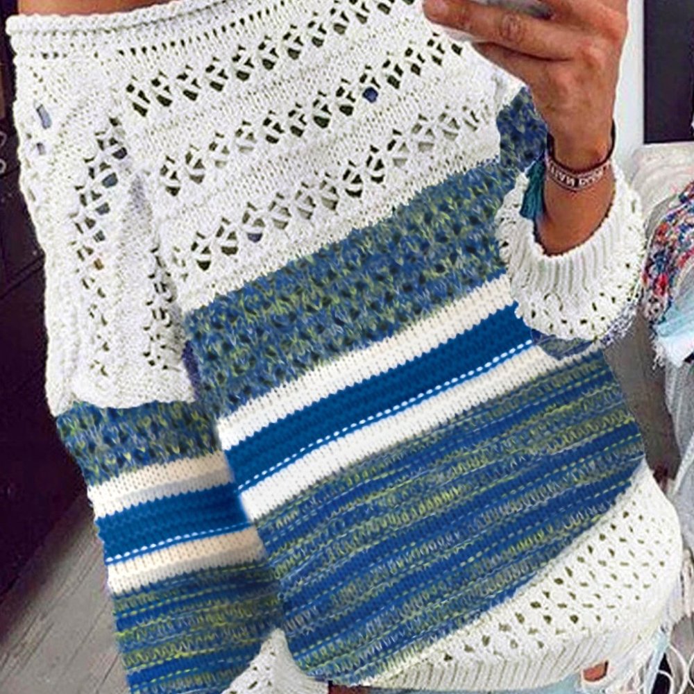 Blue Loose Openwork Round Neck Sweater - Picture 3 of 6